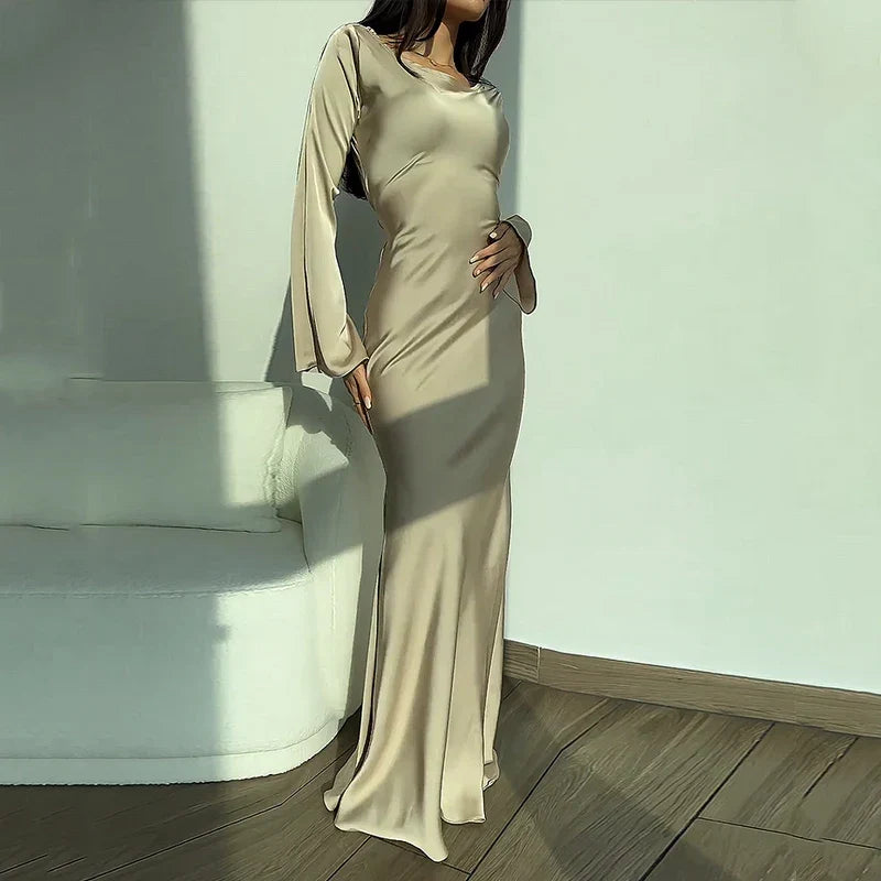 Satin Cowl Neck Long Sleeve Flared Cuff Bodycon Column Maxi Gown