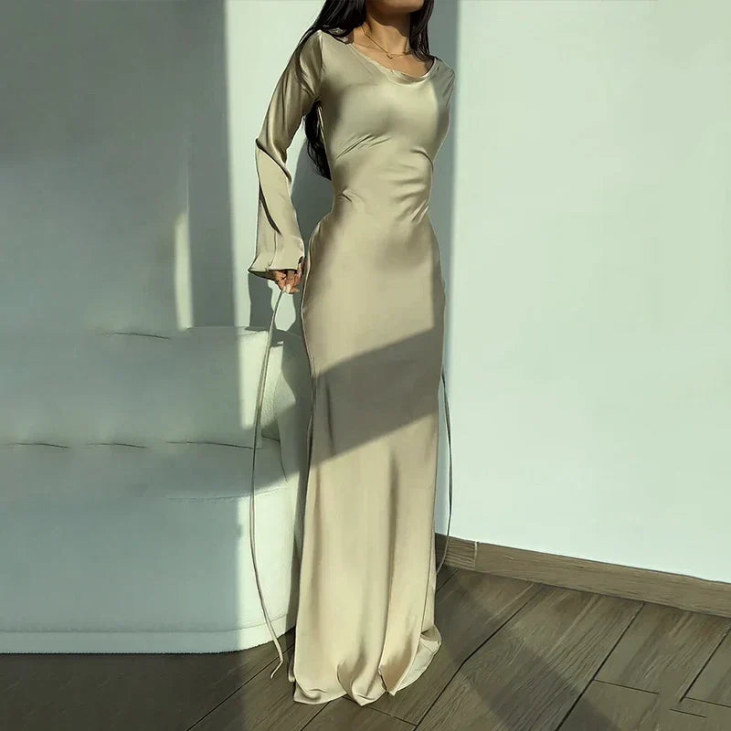 Satin Cowl Neck Long Sleeve Flared Cuff Bodycon Column Maxi Gown