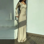 Satin Cowl Neck Long Sleeve Flared Cuff Bodycon Column Maxi Gown