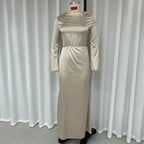 Satin Cowl Neck Long Sleeve Flared Cuff Bodycon Column Maxi Gown