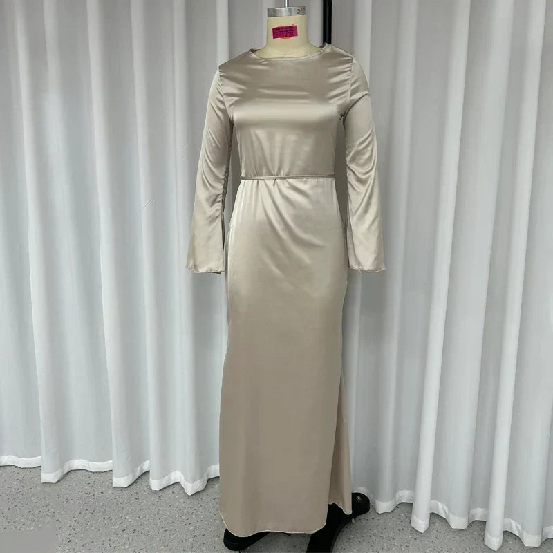Satin Cowl Neck Long Sleeve Flared Cuff Bodycon Column Maxi Gown