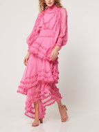 Mock Neck Bishop Sleeve Smocked Waist Tiered Ruffle Chiffon Maxi Dress