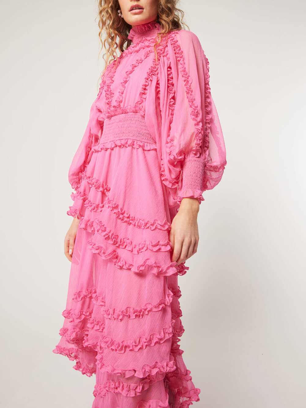 Mock Neck Bishop Sleeve Smocked Waist Tiered Ruffle Chiffon Maxi Dress