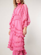 Mock Neck Bishop Sleeve Smocked Waist Tiered Ruffle Chiffon Maxi Dress