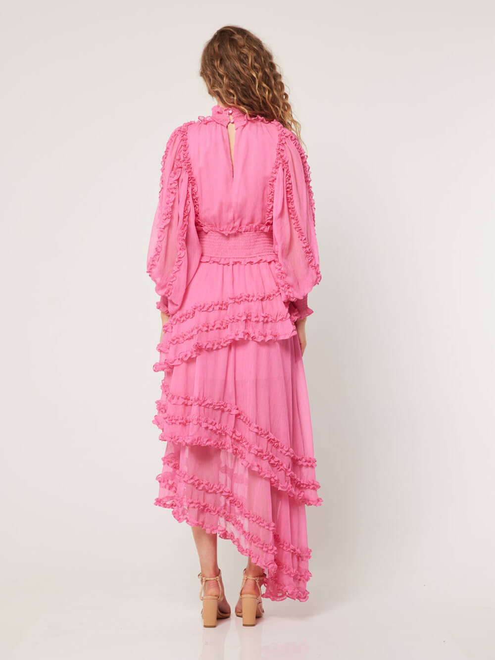 Mock Neck Bishop Sleeve Smocked Waist Tiered Ruffle Chiffon Maxi Dress