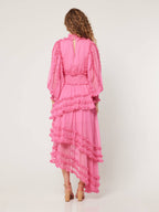 Mock Neck Bishop Sleeve Smocked Waist Tiered Ruffle Chiffon Maxi Dress