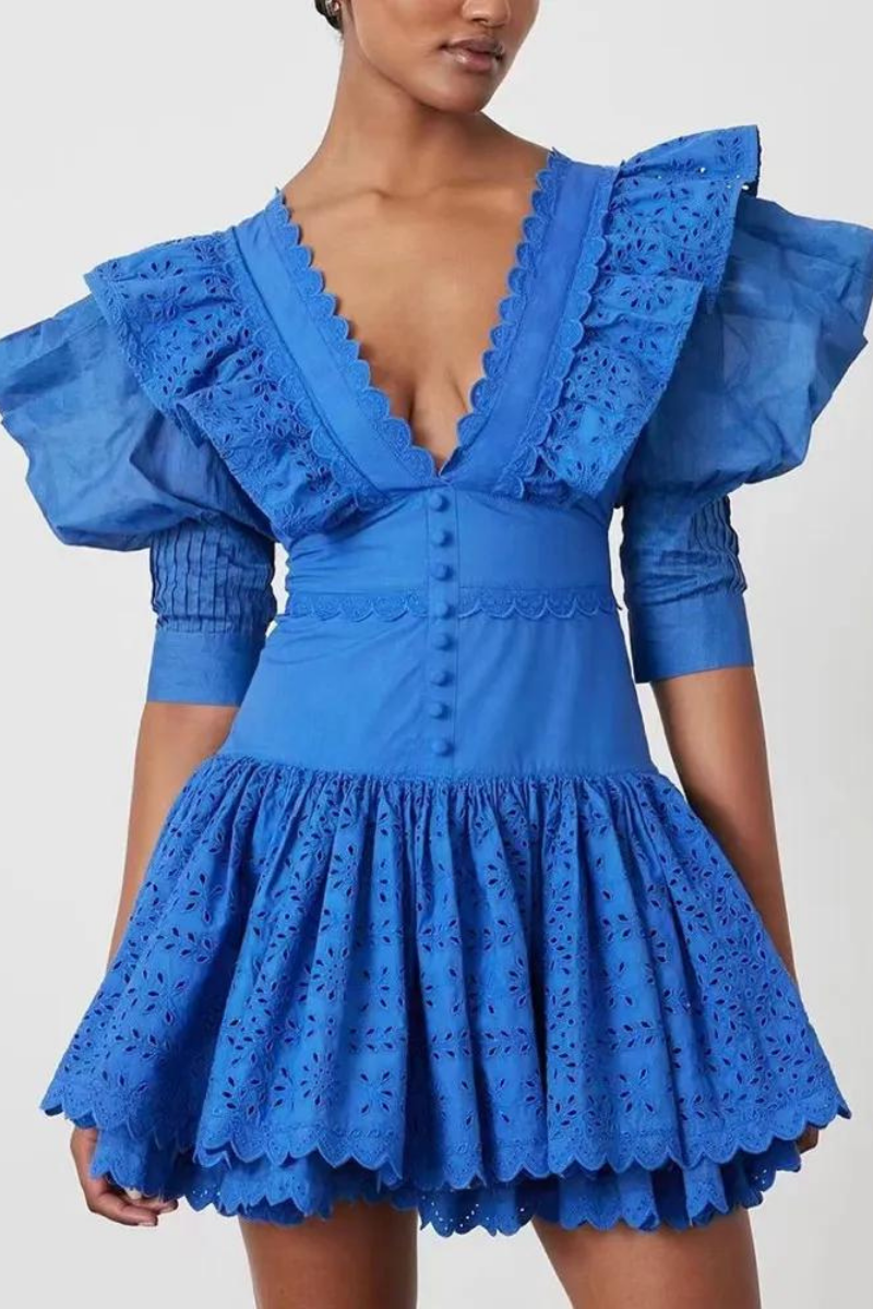 | Backless Mini Dress, Ruffles, Plunging Neckline