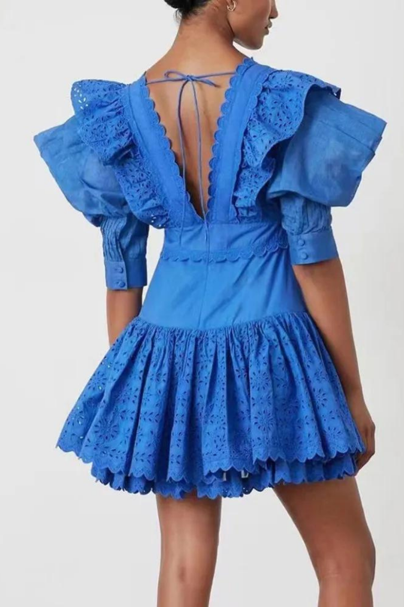 Rosalía Minimalist Backless Mini Dress with Ruffles and a Plunging Neckline Statement Occasion Edit