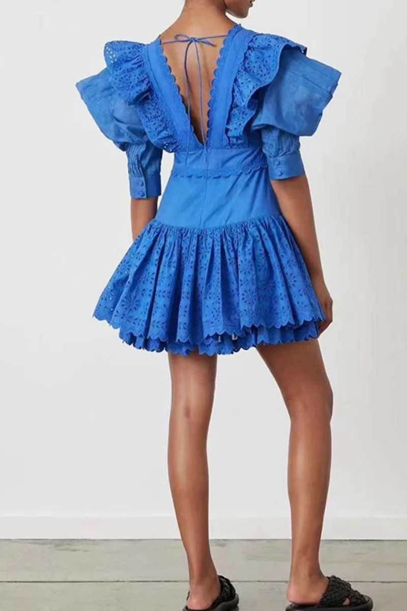 | Backless Mini Dress, Ruffles, Plunging Neckline