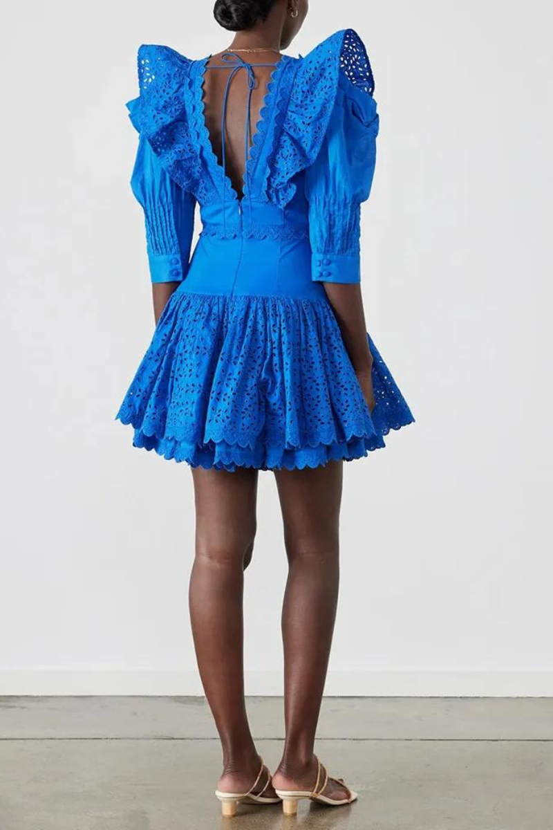 | Backless Mini Dress, Ruffles, Plunging Neckline