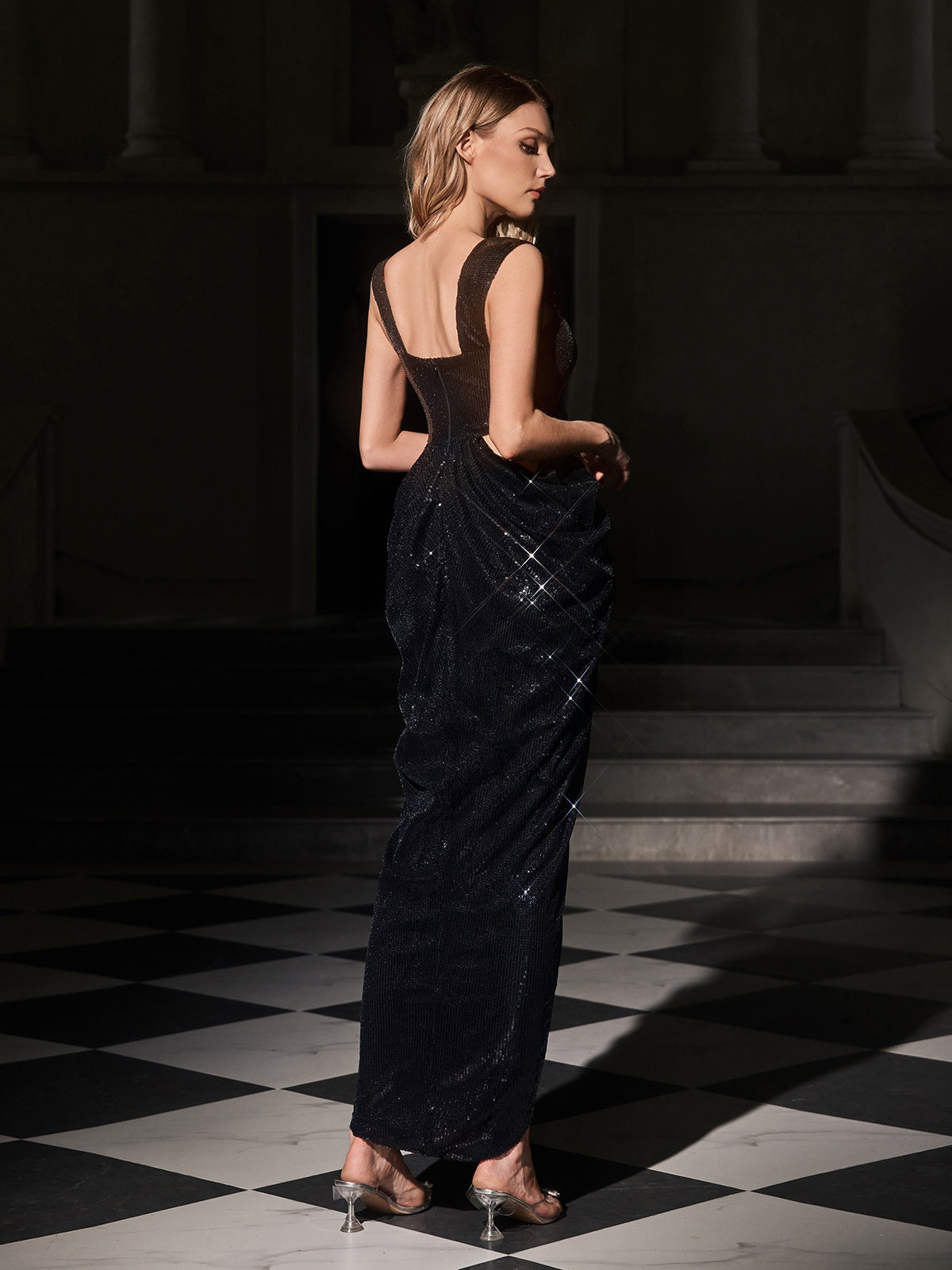Sequin Square Neck Waist Cut Out 3D Floral Tulip Hem Maxi Gown