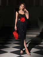 Sequin Square Neck Waist Cut Out 3D Floral Tulip Hem Maxi Gown