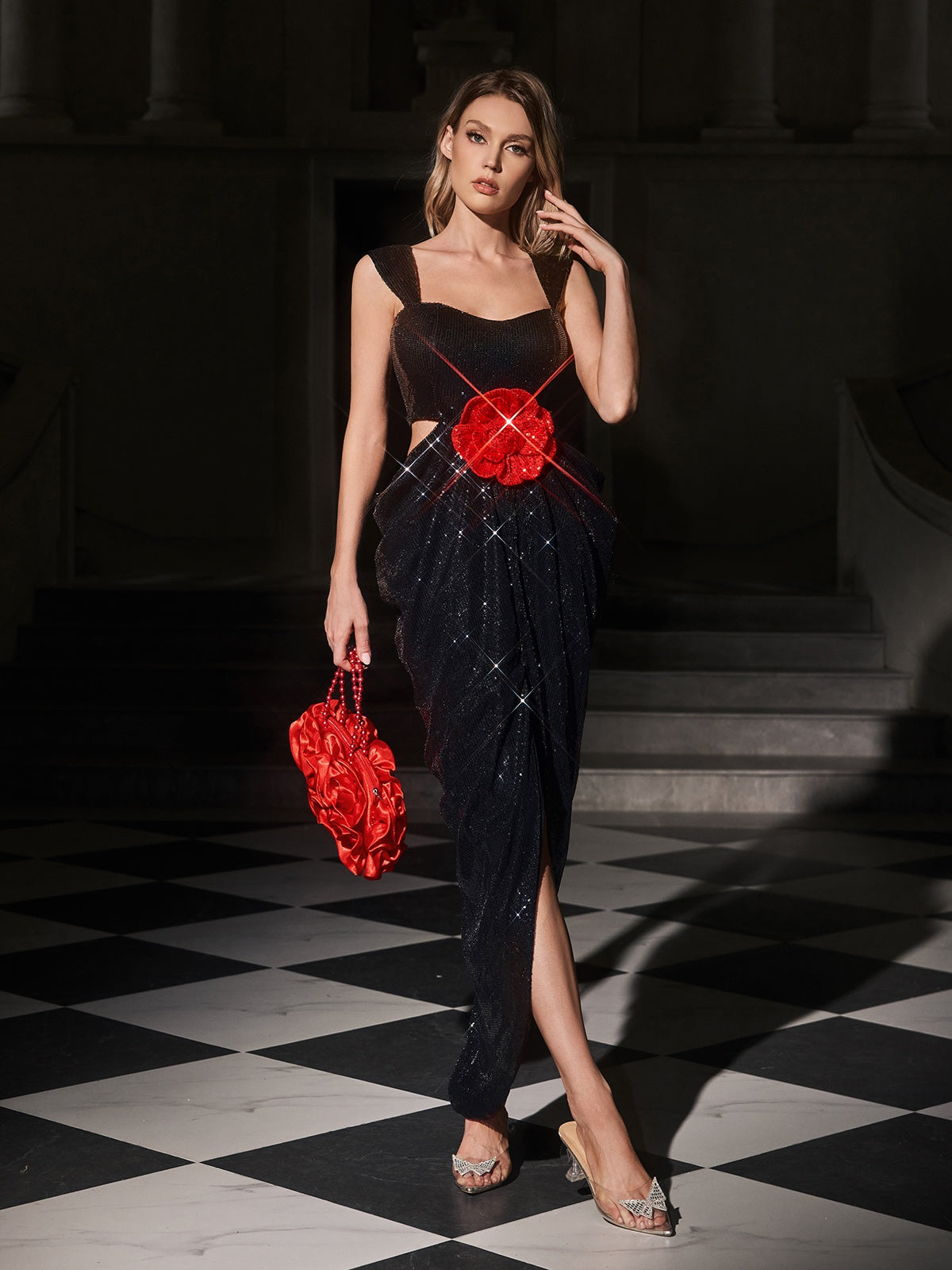 Sequin Square Neck Waist Cut Out 3D Floral Tulip Hem Maxi Gown