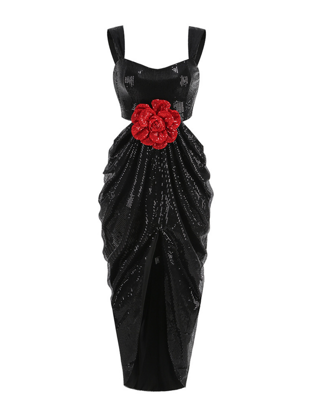 Sequin Square Neck Waist Cut Out 3D Floral Tulip Hem Maxi Gown