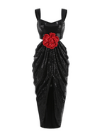 Sequin Square Neck Waist Cut Out 3D Floral Tulip Hem Maxi Gown
