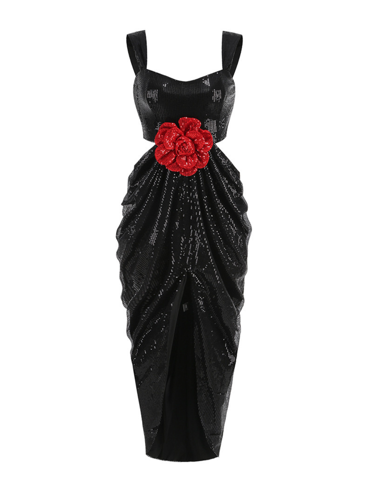 Sequin Square Neck Waist Cut Out 3D Floral Tulip Hem Maxi Gown