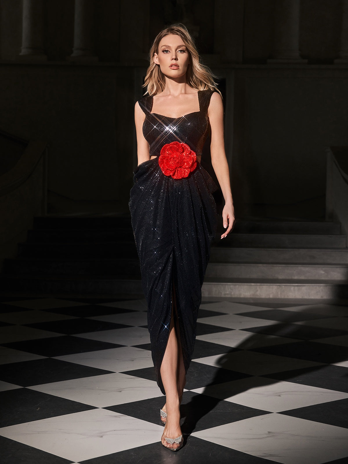 Sequin Square Neck Waist Cut Out 3D Floral Tulip Hem Maxi Gown