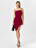 Embellished Bead Ruched Zipper Back Mesh Dress