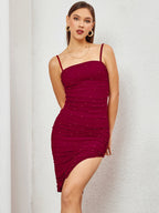Embellished Bead Ruched Zipper Back Mesh Dress