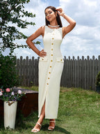 Embellished Button Split Hem Bodycon Dress