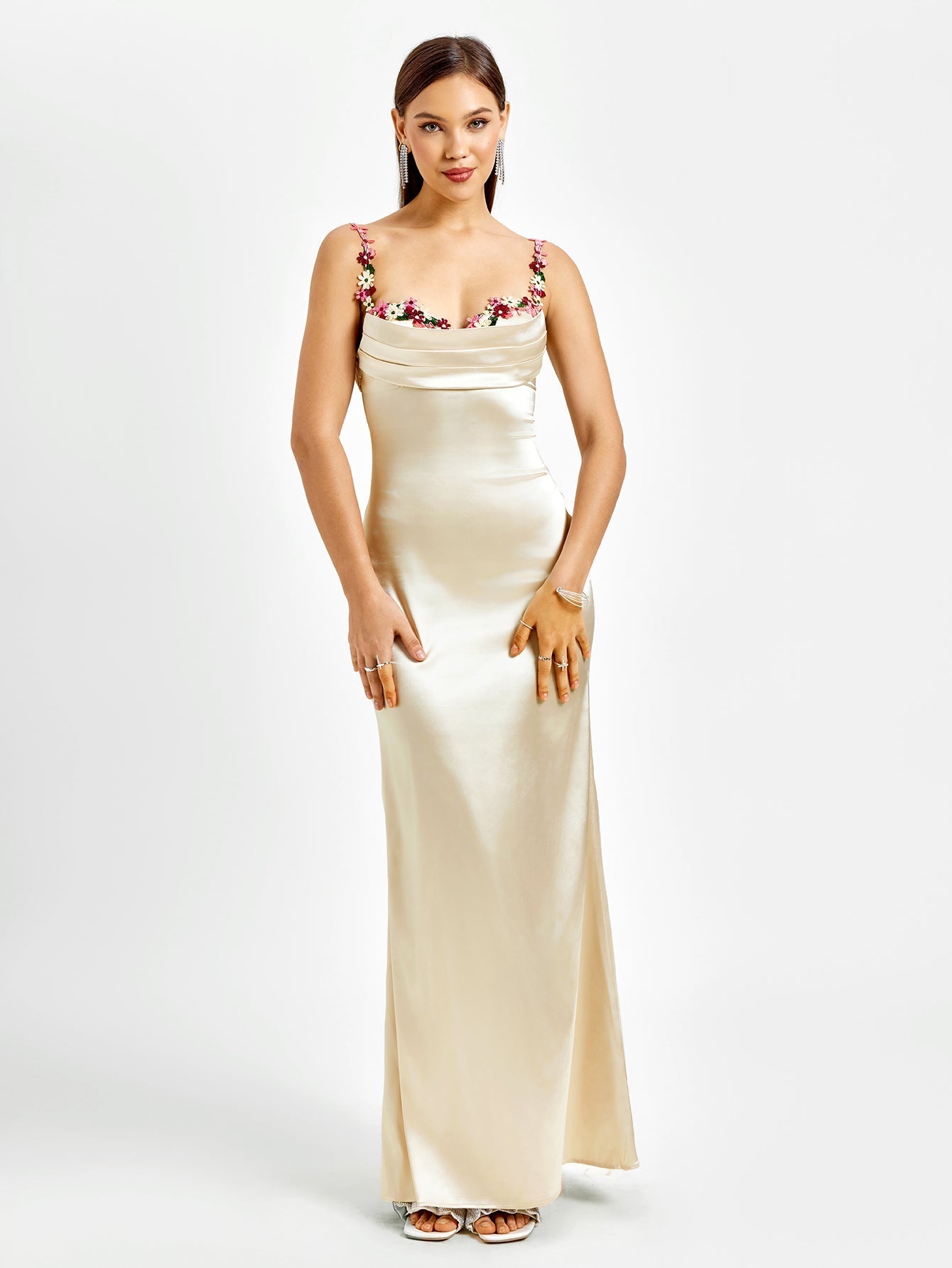 Embellished Strap Tie Back Satin Bodycon Dress