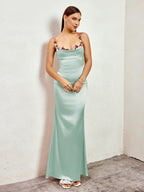 Embellished Strap Tie Back Satin Bodycon Dress