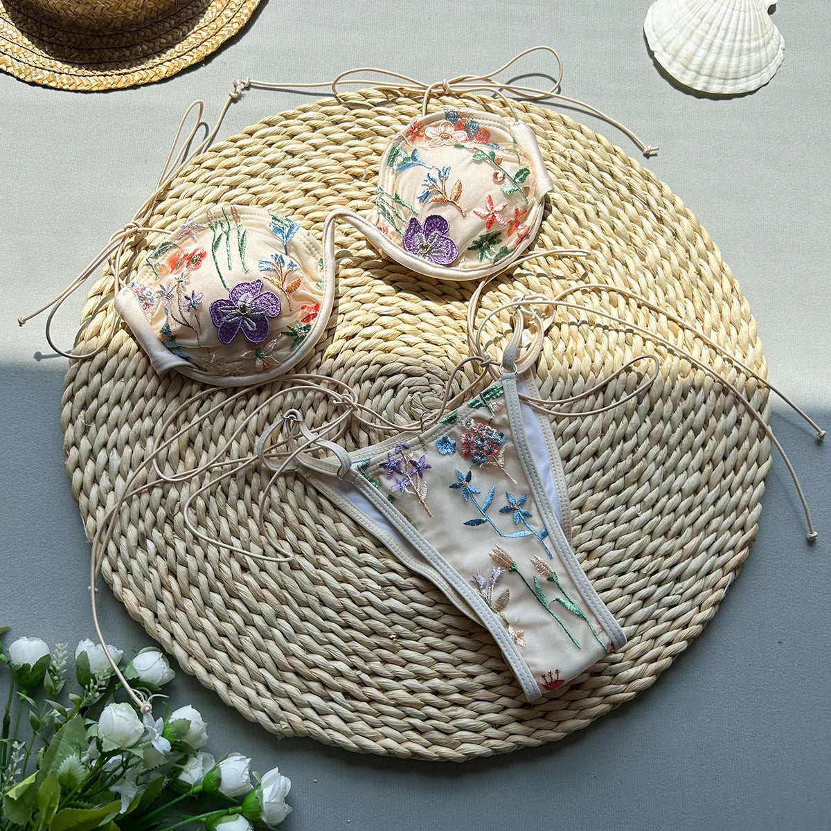 Embroidered Floral Bikini Set
