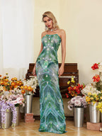 Strapless Floral Applique Pearl Chevron Sequin Embellished Maxi Gown