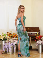 Strapless Floral Applique Pearl Chevron Sequin Embellished Maxi Gown