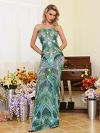 Strapless Floral Applique Pearl Chevron Sequin Embellished Maxi Gown