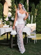 Strapless Lace Corset Feather Trim High Slit Wrap Maxi Gown