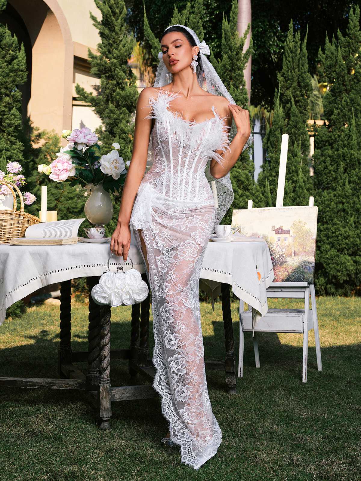 Strapless Lace Corset Feather Trim High Slit Wrap Maxi Gown