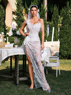 Strapless Lace Corset Feather Trim High Slit Wrap Maxi Gown
