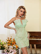 Strapless Pleated Organza Rhinestone Fringe Mini Dress and Sheer Gloves Set