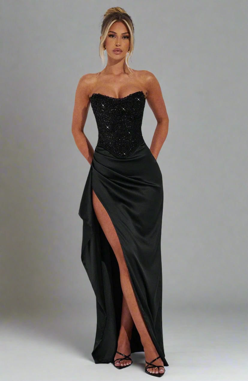Strapless Sweetheart Crystal Embellished Corset Bodice Satin Thigh Slit Maxi Dress
