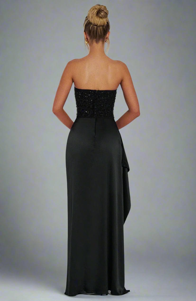 Strapless Sweetheart Crystal Embellished Corset Bodice Satin Thigh Slit Maxi Dress