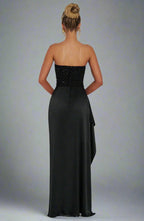 Strapless Sweetheart Crystal Embellished Corset Bodice Satin Thigh Slit Maxi Dress
