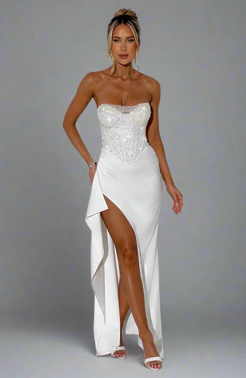 Strapless Sweetheart Crystal Embellished Corset Bodice Satin Thigh Slit Maxi Dress