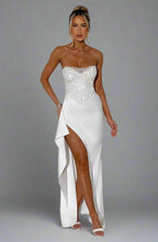 Strapless Sweetheart Crystal Embellished Corset Bodice Satin Thigh Slit Maxi Dress