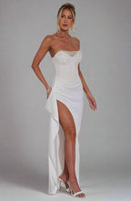 Strapless Sweetheart Crystal Embellished Corset Bodice Satin Thigh Slit Maxi Dress