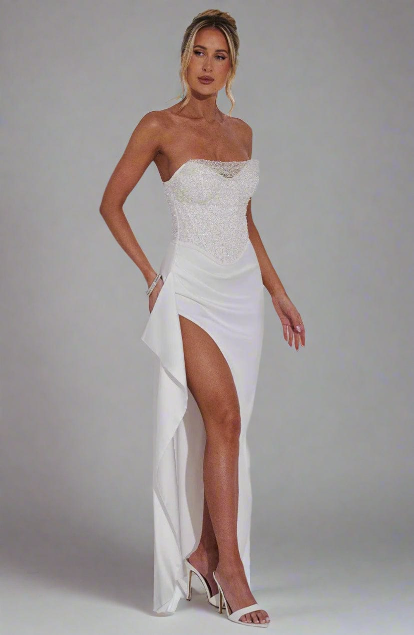 Strapless Sweetheart Crystal Embellished Corset Bodice Satin Thigh Slit Maxi Dress