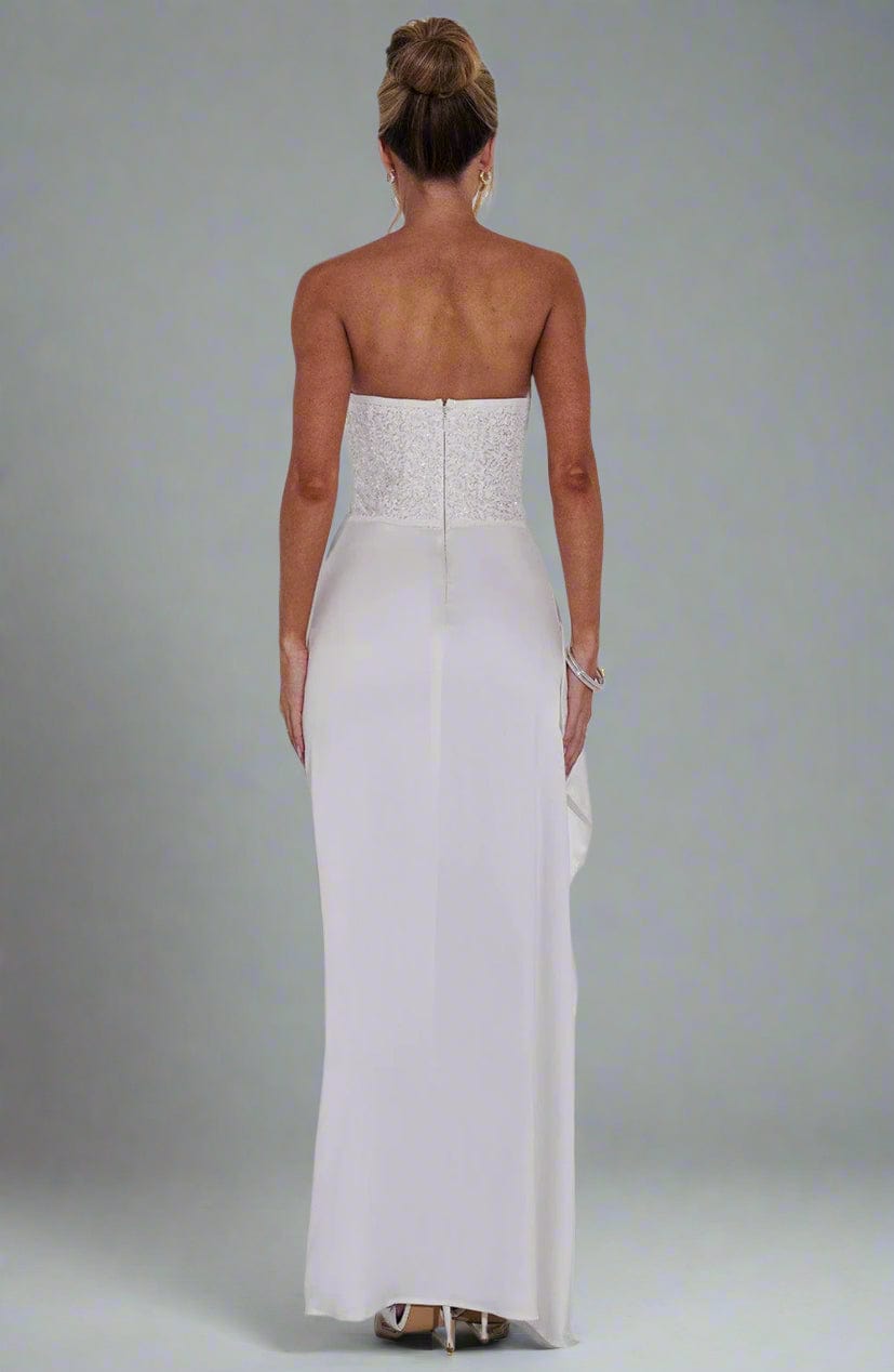 Strapless Sweetheart Crystal Embellished Corset Bodice Satin Thigh Slit Maxi Dress