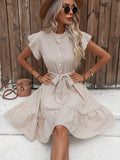 Polka Dot Print Mock Neck Button Front Flutter Sleeve Tie Waist Midi Dress