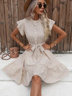 Polka Dot Print Mock Neck Button Front Flutter Sleeve Tie Waist Midi Dress
