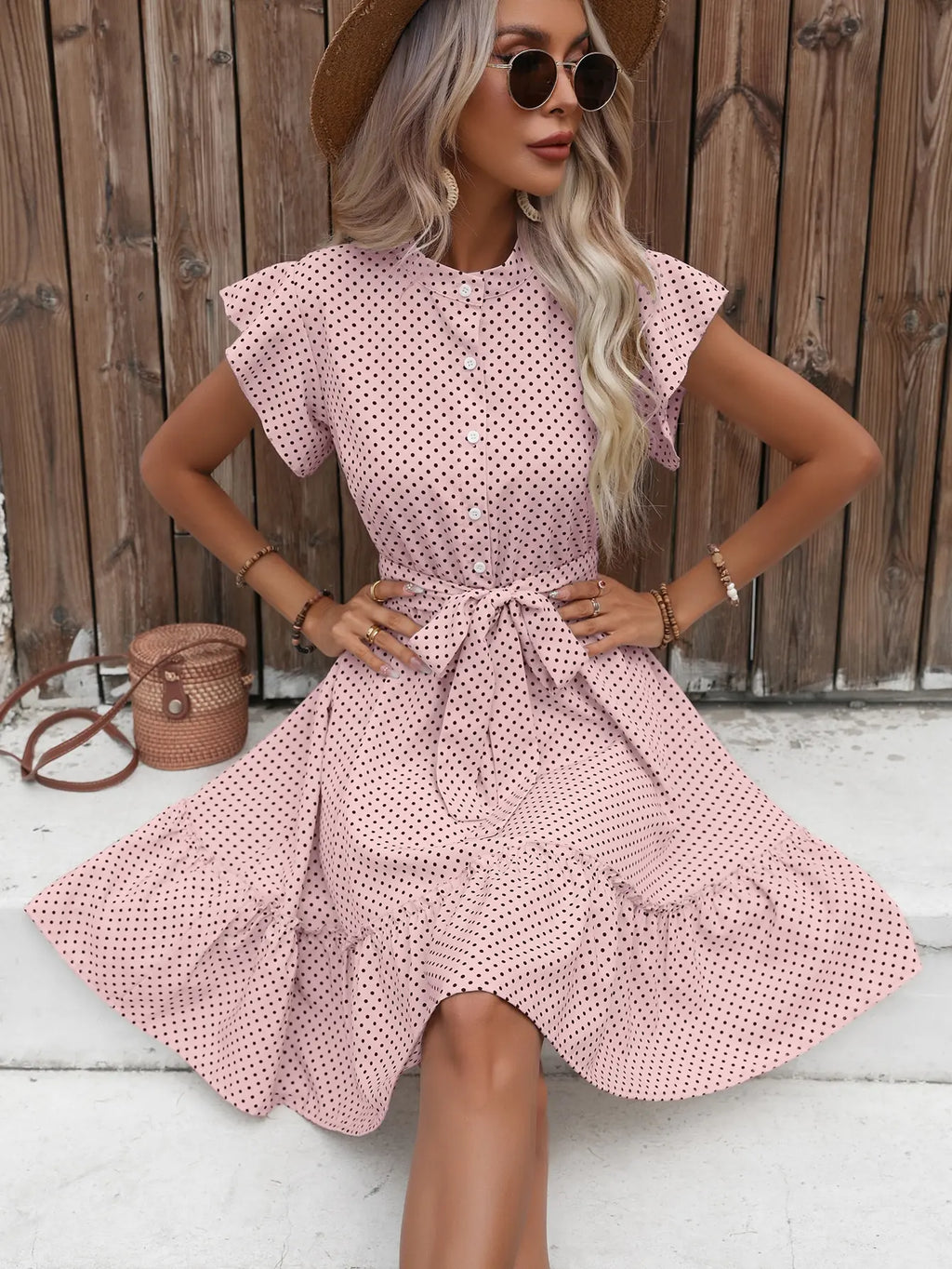 Polka Dot Print Mock Neck Button Front Flutter Sleeve Tie Waist Midi Dress