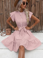 Polka Dot Print Mock Neck Button Front Flutter Sleeve Tie Waist Midi Dress