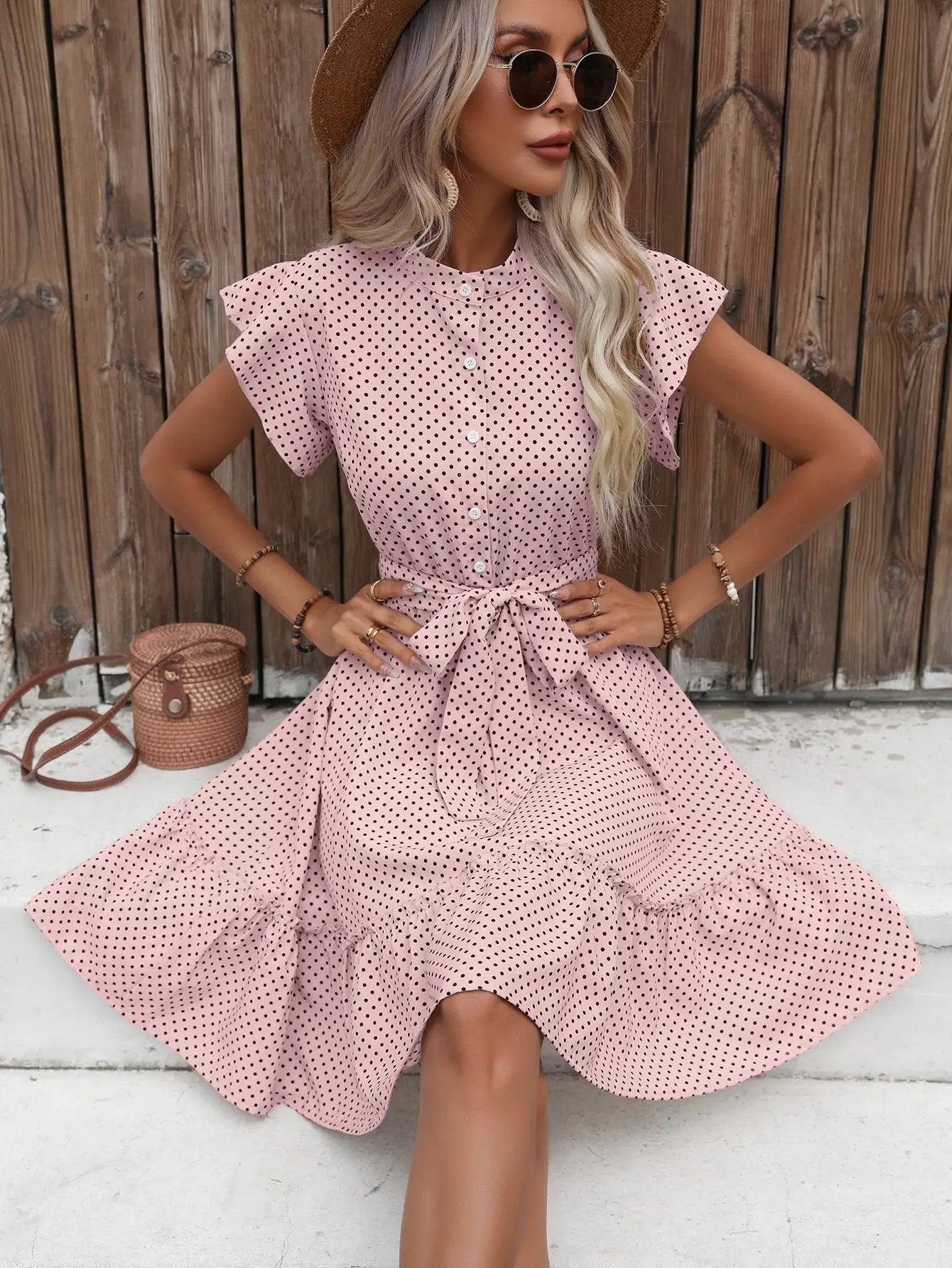 Polka Dot Print Mock Neck Button Front Flutter Sleeve Tie Waist Midi Dress