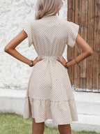 Polka Dot Print Mock Neck Button Front Flutter Sleeve Tie Waist Midi Dress