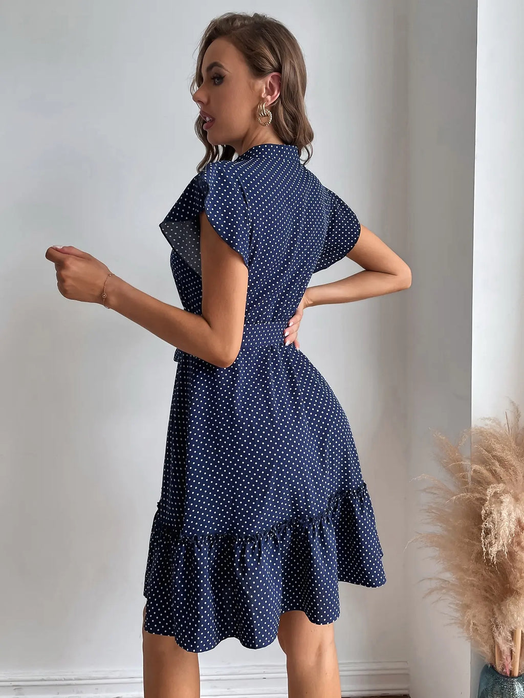 Polka Dot Print Mock Neck Button Front Flutter Sleeve Tie Waist Midi Dress
