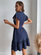 Polka Dot Print Mock Neck Button Front Flutter Sleeve Tie Waist Midi Dress
